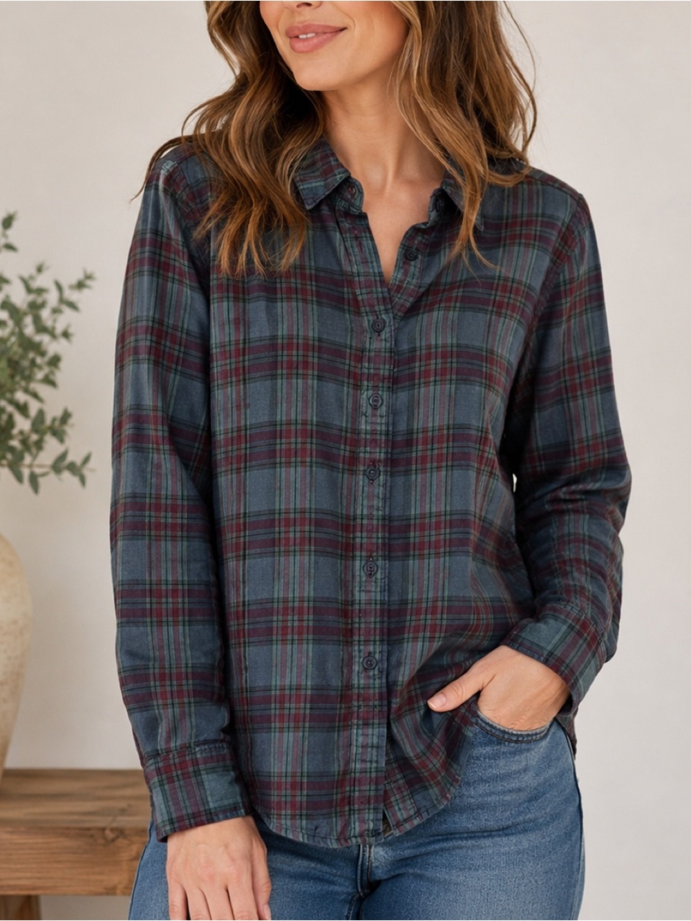 CP Shades Women’s Blue Multi Checker Long Sleeve Button Up‎ Shirt Size Medium